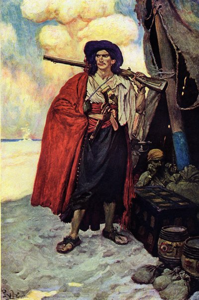 Retrato de um pirata armado com uma espingarda. Perto dele o tesouro e a tenda montada no deserto da ilha. Ilustração do "Livro dos piratas Bucaneiros e Maroonheiros do Main espanhol" de Howard Pyle (1853-1911), ilustrador americano de Howard Pyle