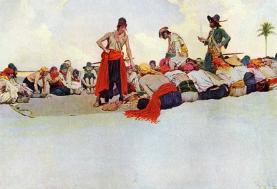 Partilhando o tesouro entre os piratas reunidos em círculo. Ilustração do "Livro dos Piratas Bucaneiros e Maroonheiros do Principal Espanhol" de Howard Pyle (1853-1911), ilustrador americano de Howard Pyle