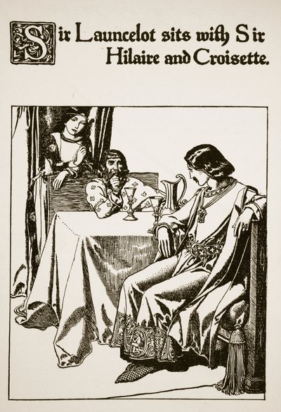 Sir Lancelote senta-se com Sir Hilaire e Croisette, ilustração de "A História dos Campeões da Mesa Redonda" de Howard Pyle