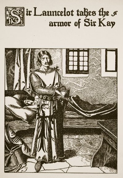 Sir Lancelote leva a armadura de Sir Kay, ilustração de "A História dos Campeões da Mesa Redonda" de Howard Pyle