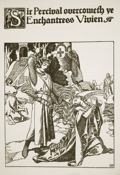 Sir Percival vence a encantadora Vivien, ilustração de "A História dos Campeões da Mesa Redonda" de Howard Pyle