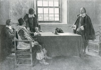 Sir William Berkeley Rendendo-se aos comissários da Commonwealth, ilustração de "In Washington&39;s Day", de Woodrow Wilson, pub. em Harper&39;s Magazine, 1896 (lito) de Howard Pyle
