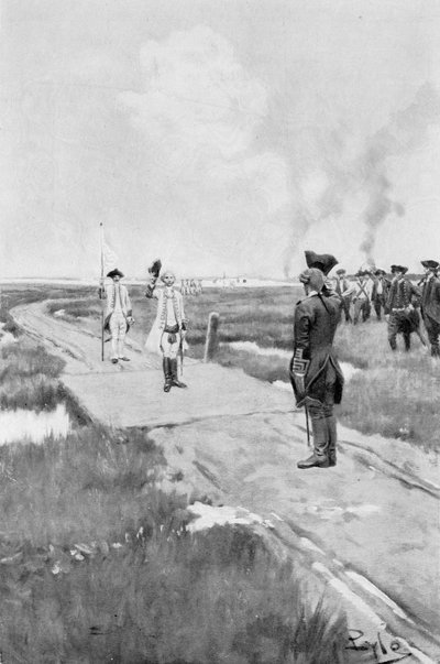 A capitulação de Louisbourg, ilustração das "colônias e nação" por Woodrow Wilson, bar. na revista Harper&39;s, 1901 de Howard Pyle