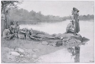 A morte do chefe indiano Alexander, irmão do rei Philip, ilustração de "uma viagem indiana" por Lucy C. Lillie, bar. na revista Harper, 1885 de Howard Pyle