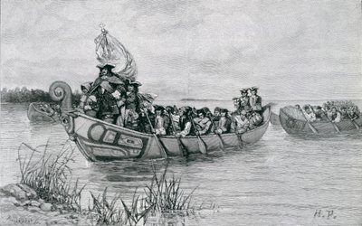A aterragem de Cadillac, ilustração "da cidade do estreito" por Edmund Kirke, bar. em Harper&39;s Magazine, 1886 de Howard Pyle
