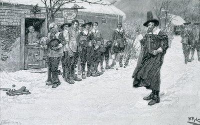 O regulador puritano que interrompe os esportes do Natal, gravado por J. Bernstrom, ilustração de "Natal" por George William Curtis, bar. na revista Harper&39;s, 1883 de Howard Pyle