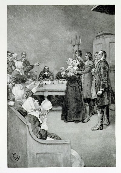 A experimentação de uma bruxa, ilustração de "Giles Corey, Yeoman" por Mary E. Wilkins, bar. na revista Harper, 1892 de Howard Pyle