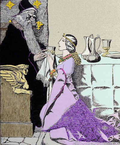 A taxa Viviane cativa Merlin, o Encantador. Ilustração de Howard Pyle (1853 - 1911), ilustrador americano de Howard Pyle