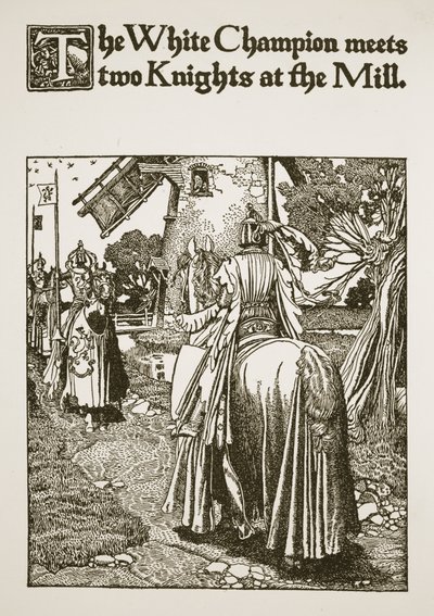 O Campeão Branco encontra dois Cavaleiros no Moinho, ilustração de "A História do Rei Arthur e seus Cavaleiros", 1903 de Howard Pyle