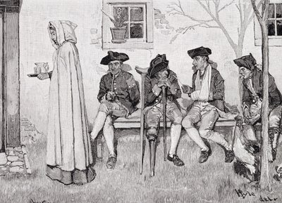 &39;Os soldados feridos sentados ao longo do muro&39;, ilustração da Harper&39;s Magazine, outubro de 1889 de Howard Pyle