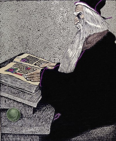 O mágico Merlin. Ilustração de Howard Pyle (1853 - 1911), cartunista americano, para "The Story of King Arthur and His Knights" (A História do Rei Artur e Seus Cavaleiros) de Howard Pyle