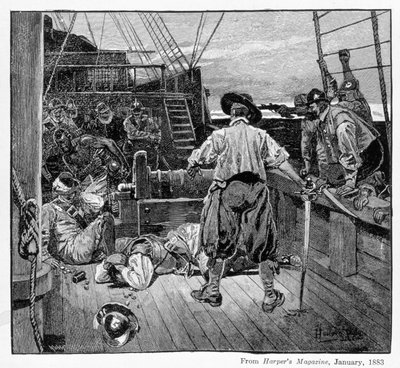 Thomas Moon começou a deitar sobre ele com sua espada, gravada por Henry Wolf, da Harper&39;s Magazine, 1883 de Howard Pyle