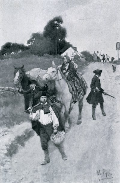 Refugiados do Tory em sua maneira a Canadá, ilustração das "colônias e nação" por Woodrow Wilson, bar. Revista de Harper, 1901 de Howard Pyle