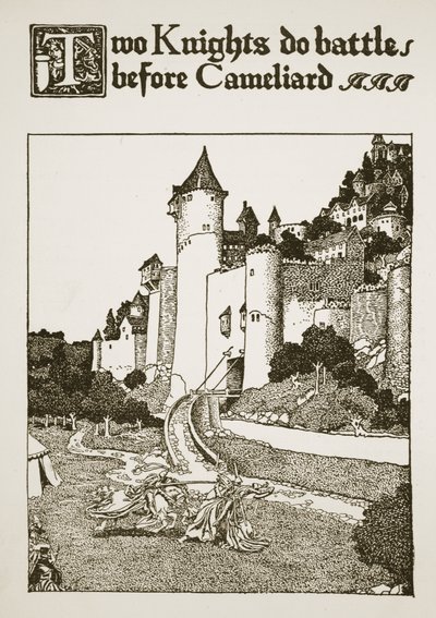Dois Cavaleiros batalham antes de Cameliard, ilustração de "A História do Rei Arthur e seus Cavaleiros", 1903 de Howard Pyle