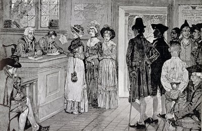 Mulheres nas votações em New-jersey, ilustração "das mulheres nas votações em New-jersey nos bons tempos velhos", bar. em &39;Harper&39;s Weekly&39;, 1880 de Howard Pyle