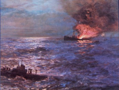 Navio mercante desembarcado pelo submarino alemão na 2ª Guerra Mundial (cor litho) de Howard Russell Butler