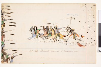 No Massacre de Sand Creek, 1874-75 (caneta, tinta e wc no papel de livro) de Howling Wolf