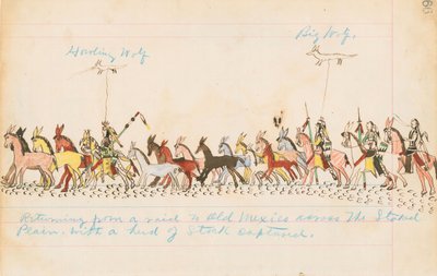Retornando de uma incursão para o velho México através das planícies Staked com um rebanho de estoque capturado, 1874-75 (caneta, tinta e wc no papel de contabilidade) de Howling Wolf
