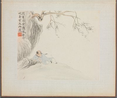 Álbum de pinturas de paisagens que ilustram poemas antigos: um homem reclina ..., década de 1700. de Hua Yan