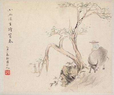 Álbum de pinturas de paisagem que ilustram poemas antigos: um homem sentado em um búfalo de água de Hua Yan
