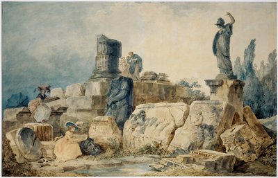 Duas jovens desenham as ruínas de Roma, três figuras com roupas antigas observam-nas de cima ... de Hubert (circle of) Robert