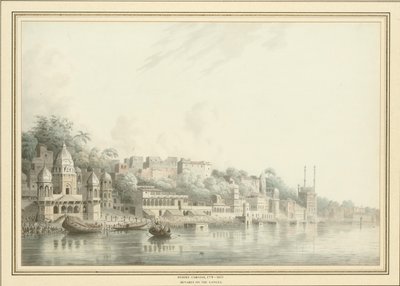 Benares no rio Ganges (lápis, caneta e tinta ew - c no papel) de Hubert Cornish