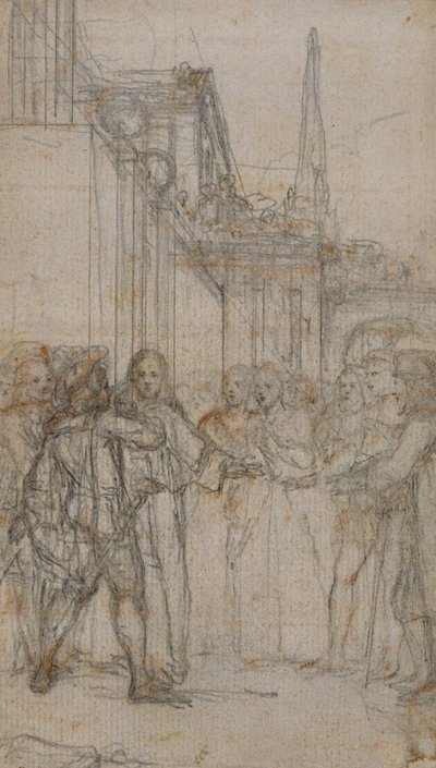 Ilustração Literária: Homem com Espada Confrontando Grupo de Figuras Antes de Construir de Hubert Francois Gravelot