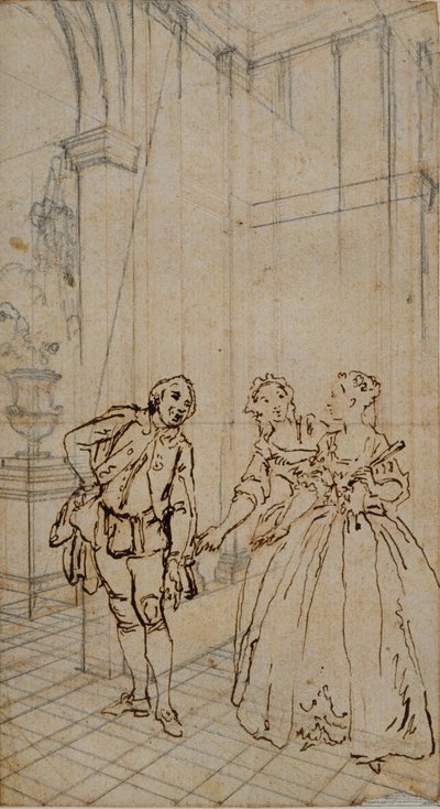 Ilustração literária com cavalheiro e duas senhoras no interior de Hubert Francois Gravelot