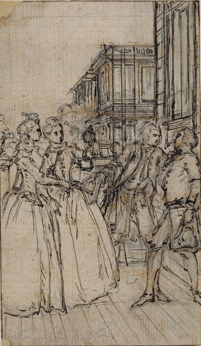 Ilustração literária com duas senhoras e dois senhores em uma rua de Hubert Francois Gravelot
