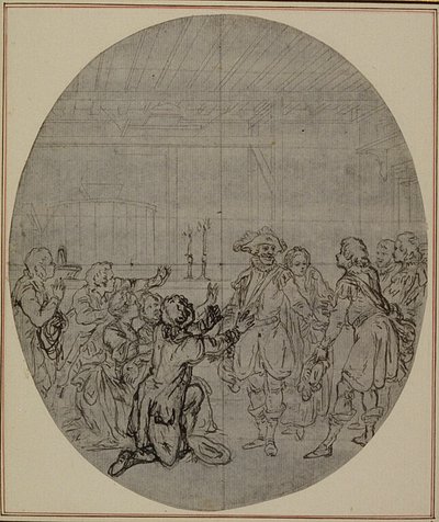 Estudo para uma segunda edição, nunca publicada, da peça de Colle "La Partie de Chasse de Henri IV", Ato III, Cena 13 de Hubert Francois Gravelot