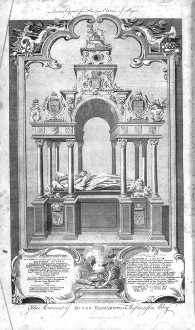 O Monumento da Rainha Elizabeth na Abadia de Westminster, ilustração da "História da Inglaterra" de Rapin, gravada por John Goldar, 1786 de Hubert Francois Gravelot