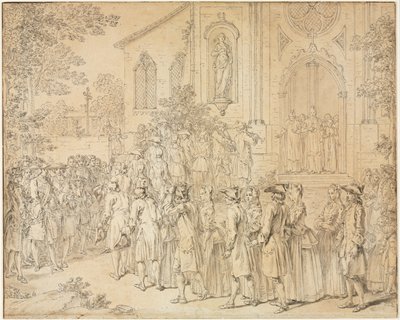 Uma procissão entrando em uma igreja, 1700. de Hubert François Bourguignon Gravelot