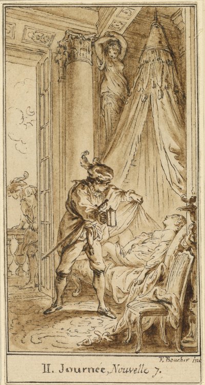 Segundo dia, sétima história: O duque de Atenas contemplando a princesa adormecida Alatiel de Hubert François Gravelot after François Boucher