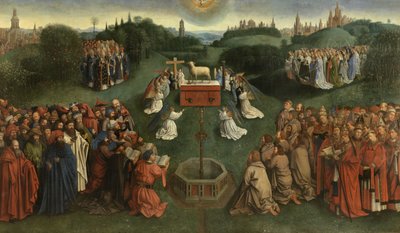 Cópia de The Adoration of the Mystic Lamb, do Altar Peça de Gand, metade inferior do painel central (óleo sobre painel) de Hubert & Jan van (1390 1441) (after) Eyck