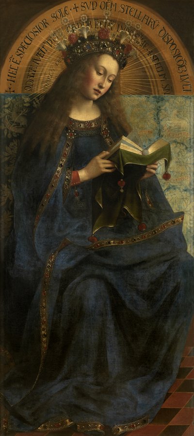 Virgem Maria, de uma cópia do Altar de Gand (aberto, painel central) após 1432 (óleo sobre painel) de Hubert & Jan van (1390 1441) (after) Eyck