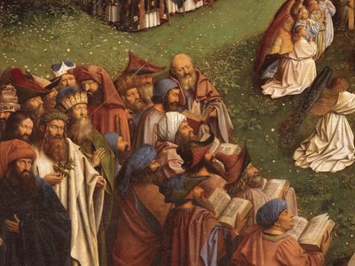 Detalhe da Adoração do Cordeiro Místico, a partir do painel central do Altar de Gand (óleo sobre painel) de Hubert & Jan van (1390 1441) Eyck