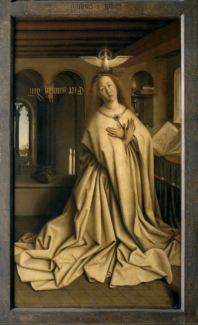 O Anjo Gabriel passa a Mensagem a Maria, detalhe do Altar de Gante, fechado (óleo sobre painel) de Hubert & Jan van (1390 1441) Eyck
