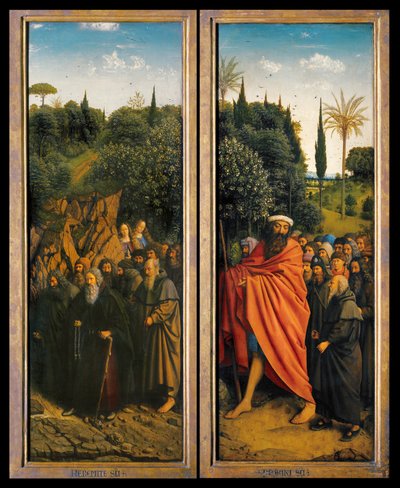 Os Eremitas e Os Peregrinos guiados por São Cristóvão do lado direito do Altar de Gand de Hubert & Jan van (1390 1441) Eyck