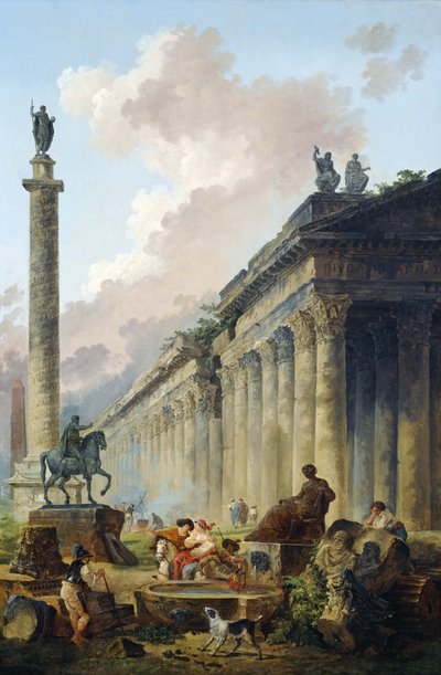 Paisagem romana imaginária com a estátua equestre de Marco Aurélio, a Coluna Memorial de Trajano e um templo. de Hubert Robert