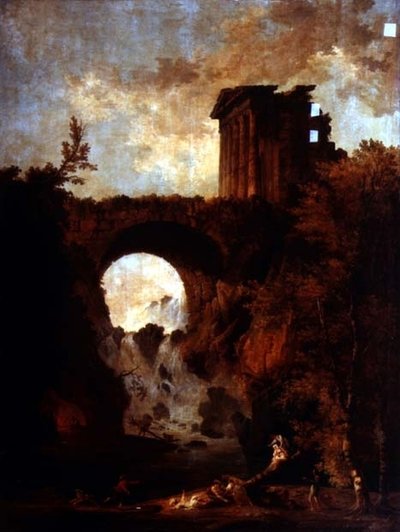 Um Capriccio de um templo em ruínas junto a uma ponte sobre uma cascata com uma festa de serra de Hubert Robert