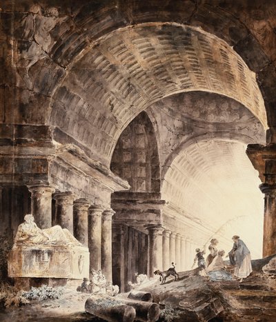 Um grande edifício com abóbada cruzada, com mulheres e crianças e um cachorro por colunas quebradas, de Hubert Robert