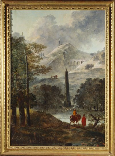 Uma paisagem montanhosa com um obelisco de Hubert Robert