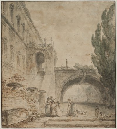 Um palácio com uma ponte em arco (uma villa romana) de Hubert Robert