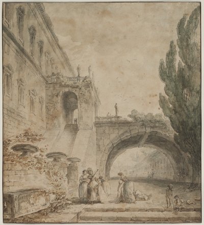 Um palácio com uma ponte arqueada A Roman Villa, 1760. de Hubert Robert