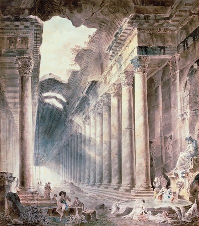 Um edifício termal com colunatas, o telhado parcialmente aberto para o céu, com meninas lavando roupas (aquarela, lápis, tinta) de Hubert Robert