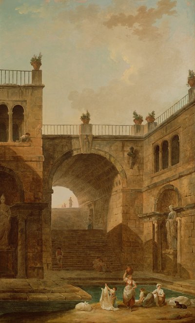 Cena Arquitectónica com Roupa de Lavar Roupa de Mulher numa Piscina de Hubert Robert