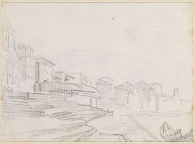 Edifícios ao longo de um Riverside [verso] de Hubert Robert