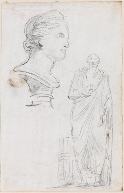 Busto de uma mulher romana e estátua de um homem romano de Hubert Robert