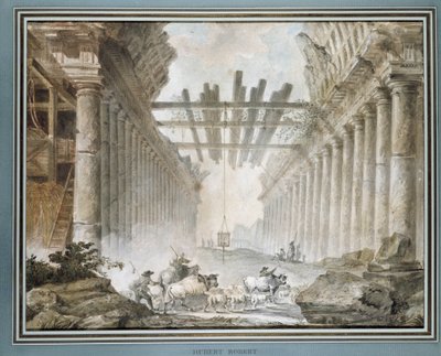 Rebanho nas ruínas de um templo de desenho (óleo sobre tela) de Hubert Robert