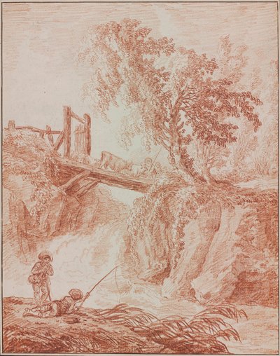 Pastores cruzando uma cachoeira de Hubert Robert